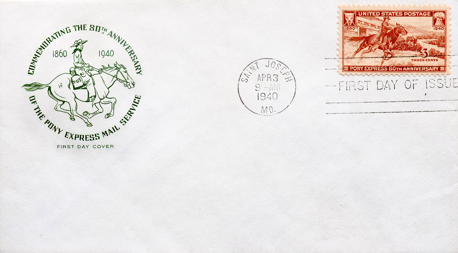 envelope postdated 1940 and stamp featuring the Pony Express 80th Anniversary